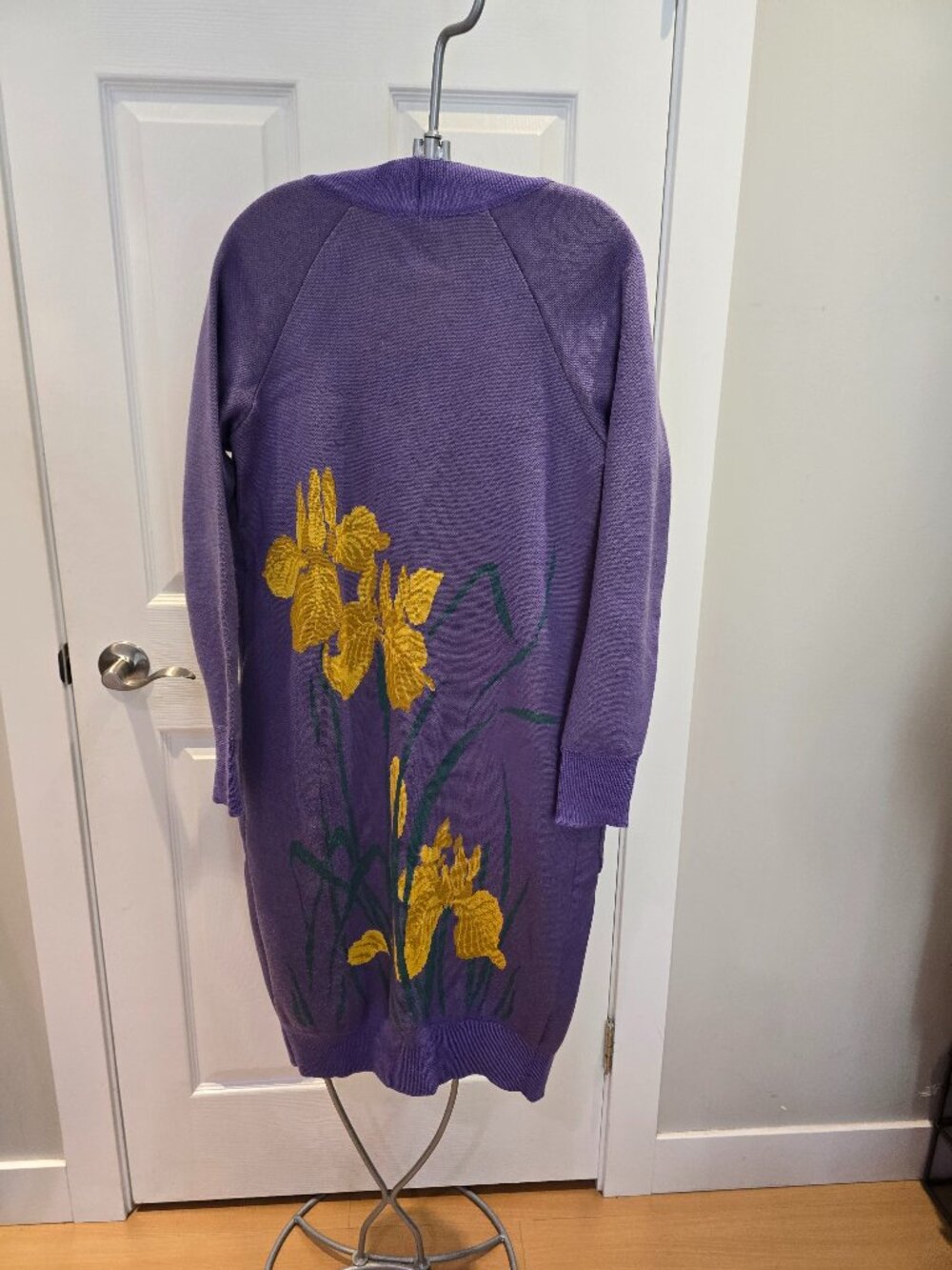 Purple Iris Floral Longline Cardigan Belted Knit Duster S-M